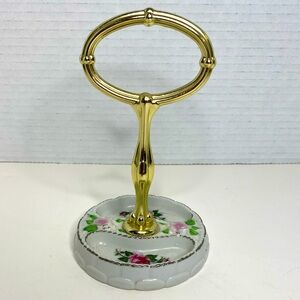 Porcelain Trinket Dish with Gold Tone Handle Embossed Roses and Painted Roses